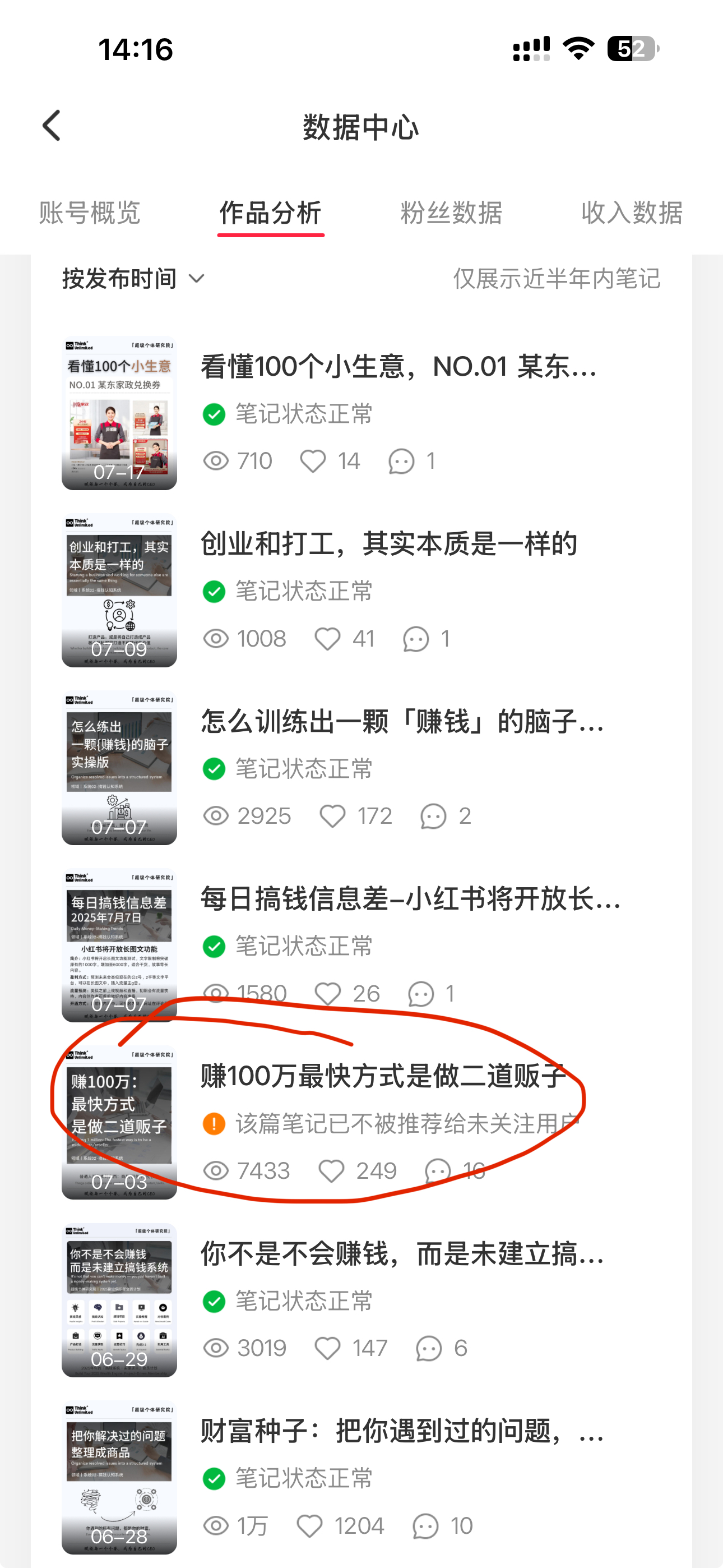 小红书数据中心笔记状态异常提示